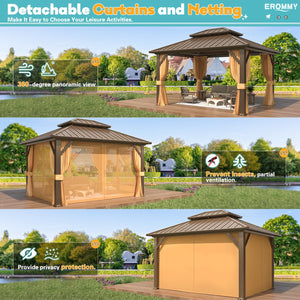 10' x 12' Hardtop Gazebo, Aluminum Frame Gazebos with Galvanized Steel Double Roof, Permanent Outdoor Metal Pavilion with Curtain and Netting for Patio, Lawn, Deck
