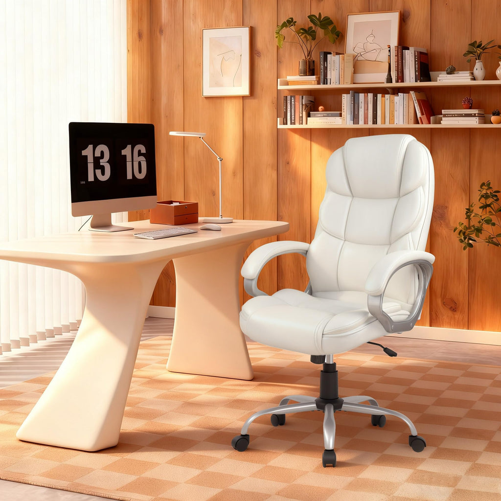 Office Chair Computer High Back Adjustable Ergonomic Desk Chair Executive PU Leather Swivel Task Chair with Armrests Lumbar Support (Beige)