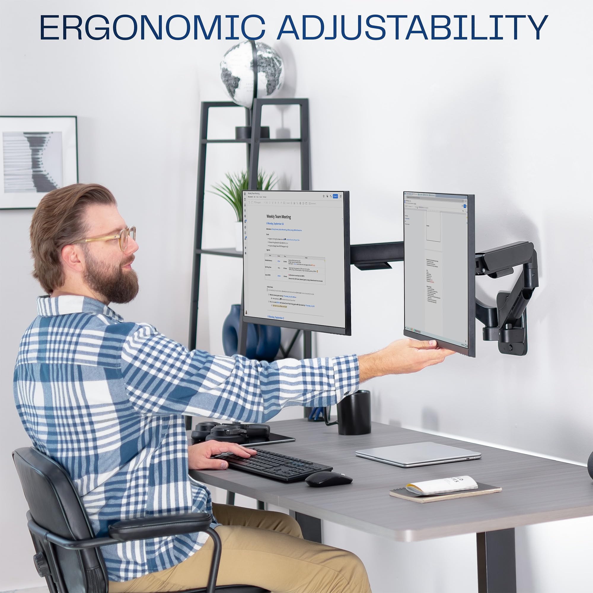Height Adjustable Pneumatic Extended Arm Dual Monitor Wall Mount Full Motion Articulating, Fits 2 Screens 17 to 27 inches, Black, MOUNT-V002G