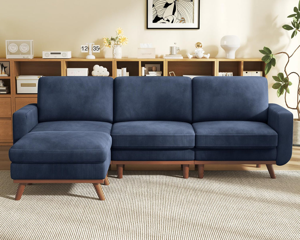 97" Modular Sectional Sofa Dark Blue, L-Shaped Couch with Movable Ottoman, Comfy Corduroy Couch with Spring Cushion, Modular Sofa with Deep Seat for Living Room, Bedroom and Apartment