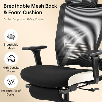 Foldable Office Chair with Foot Rest, Ergonomic Office Chair with Adjustable Lumbar Support, Headrest, Armrest, Home Office Desk Chairs for Space Saving, Work from Home, Black