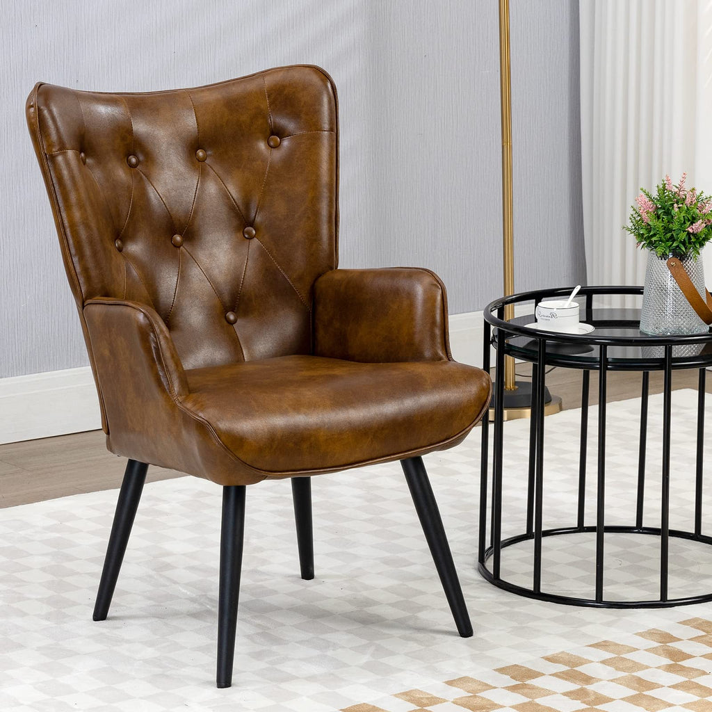 PU Leather Accent Chair for Living Room, Upholstered Reading Chair with High Backrest, Tufted-Button Wingback Armchair for Bedroom, Dressing Room, Home Office, Brown
