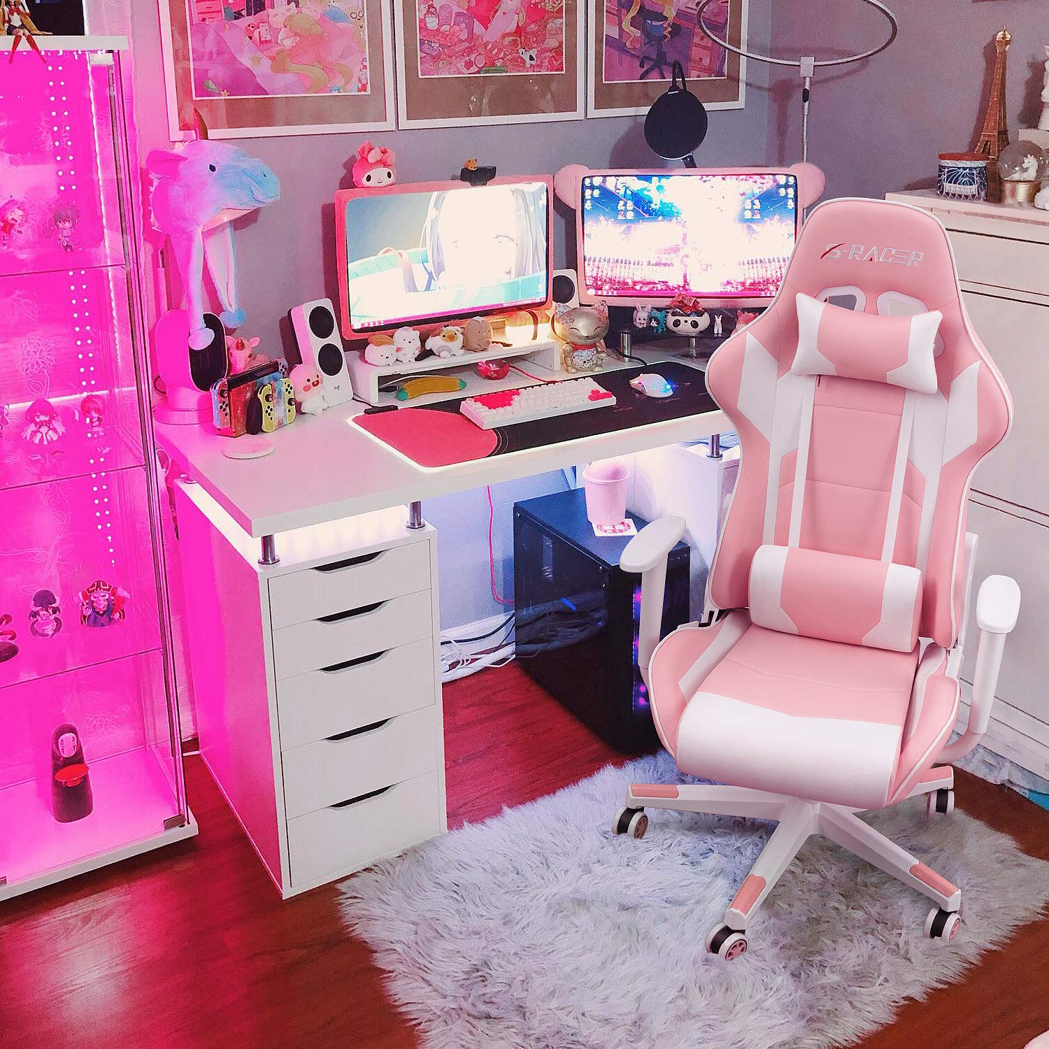 Gaming Chair, Office Chair High Back Computer Chair Leather Desk Chair Racing Executive Ergonomic Adjustable Swivel Task Chair with Headrest and Lumbar Support(Pink)