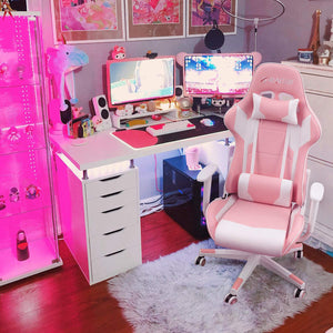 Gaming Chair, Office Chair High Back Computer Chair Leather Desk Chair Racing Executive Ergonomic Adjustable Swivel Task Chair with Headrest and Lumbar Support(Pink)