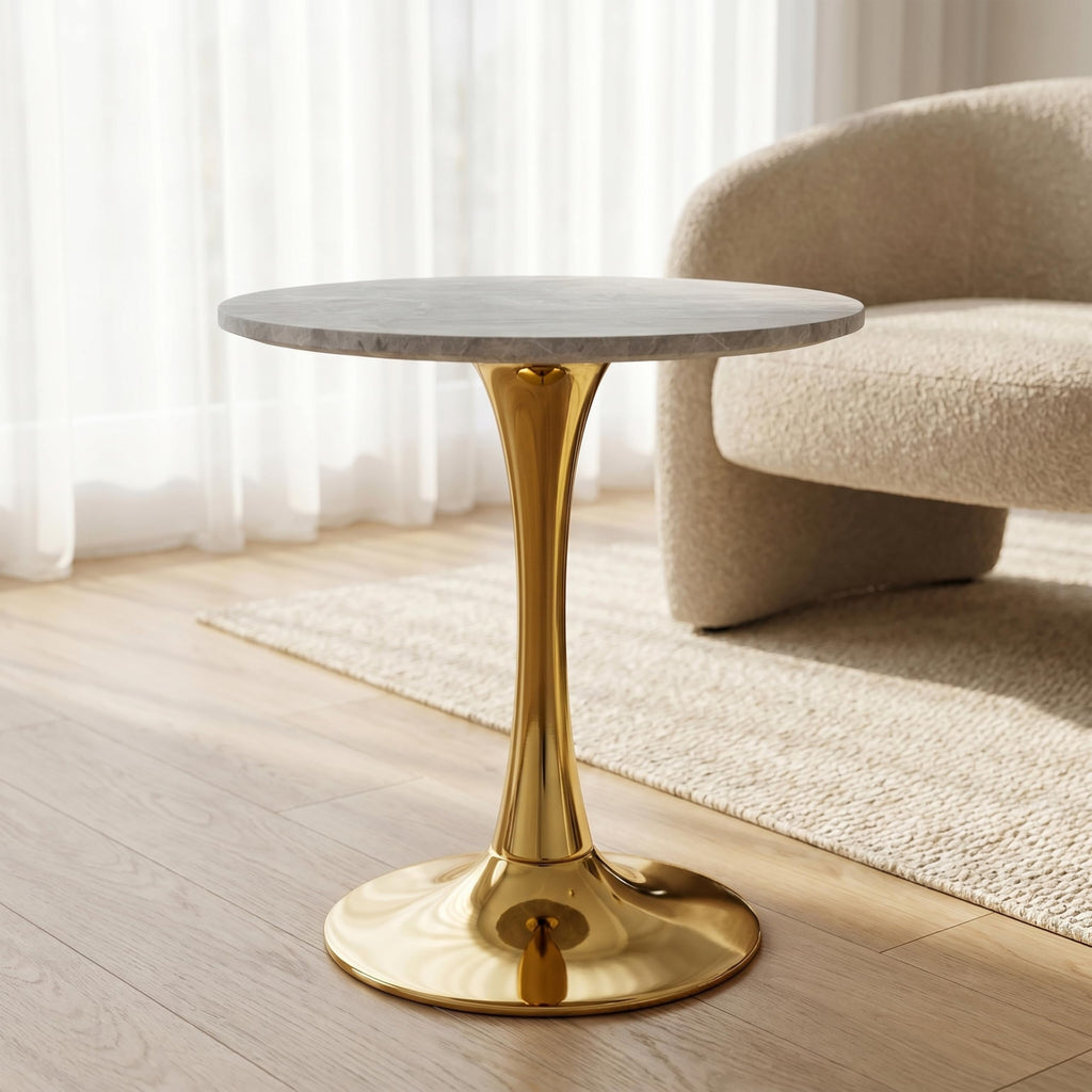 27.6" Marble Round Tulip Table, Mid-Century Modern Style Dining Table with Gold Pedestal Base for 2-4 People, Featuring A Marble Tabletop for Kitchen, Dining Room, Cafe (Light Grey)