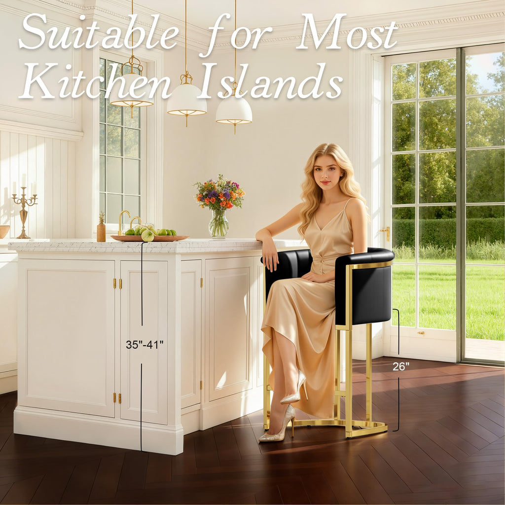 Modern Counter Height Bar Stools,Bar Stools Set of 3,PU Leather Upholstered Barrel Barstools with Backs and Arms,26'' Kitchen Island Chairs,Mirror Champagne Gold Base,Ink Black Leather
