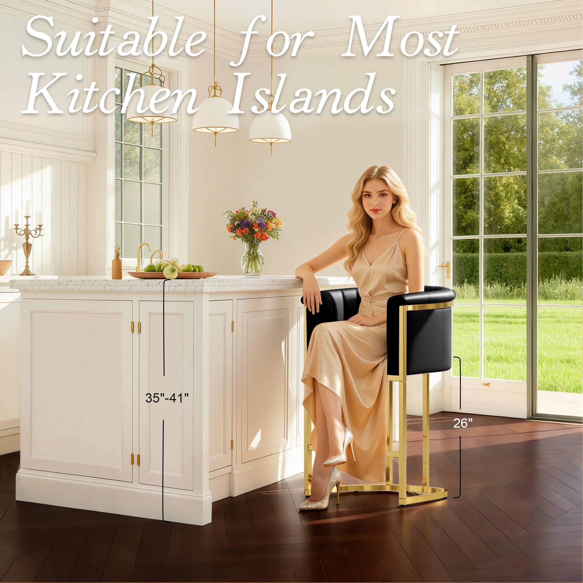 Modern Counter Height Bar Stools,Bar Stools Set of 3,PU Leather Upholstered Barrel Barstools with Backs and Arms,26'' Kitchen Island Chairs,Mirror Champagne Gold Base,Ink Black Leather
