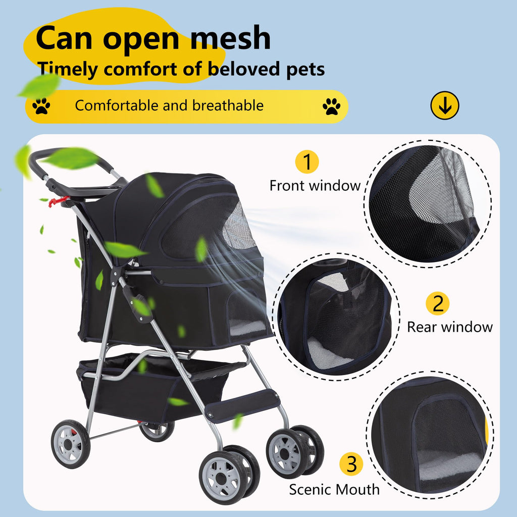 Pet Stroller 4-Wheel Dog Cat Stroller Travel Folding Carrier Puppy Stroller with Cup Holder and Removable Liner for Small Medium Dogs Cats, Black