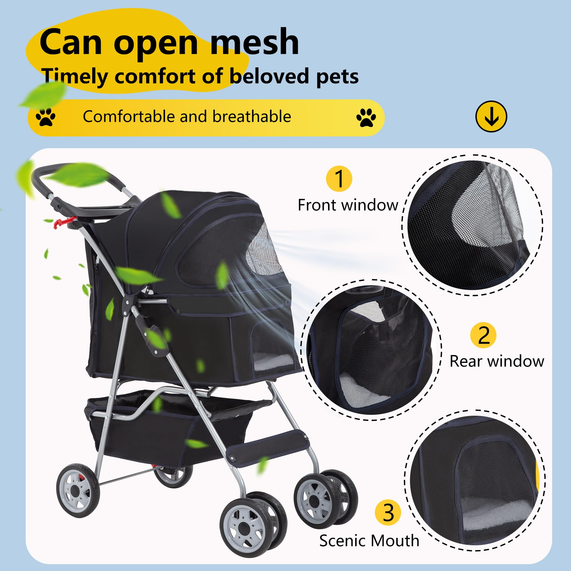 Pet Stroller 4-Wheel Dog Cat Stroller Travel Folding Carrier Puppy Stroller with Cup Holder and Removable Liner for Small Medium Dogs Cats, Black