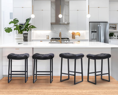 Black Bar Stools Set of 3 for Kitchen Island Counter Height Stools Modern Backless Barstools with Upholstered Faux Leather Saddle Seat and Metal Frame Industrial Bar Chairs, 24 inch