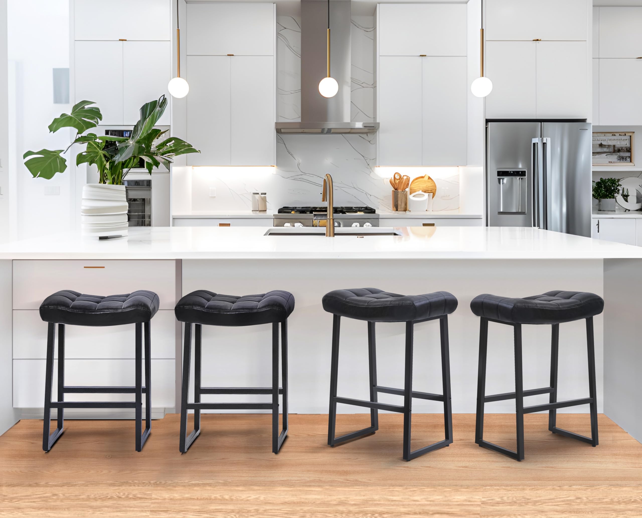Black Modern Bar Stool for Kitchen Counter Backless Counter Height Barstool with Upholstered Faux Leather Seat and Metal Frame Industrial 24 inch Bar Chair