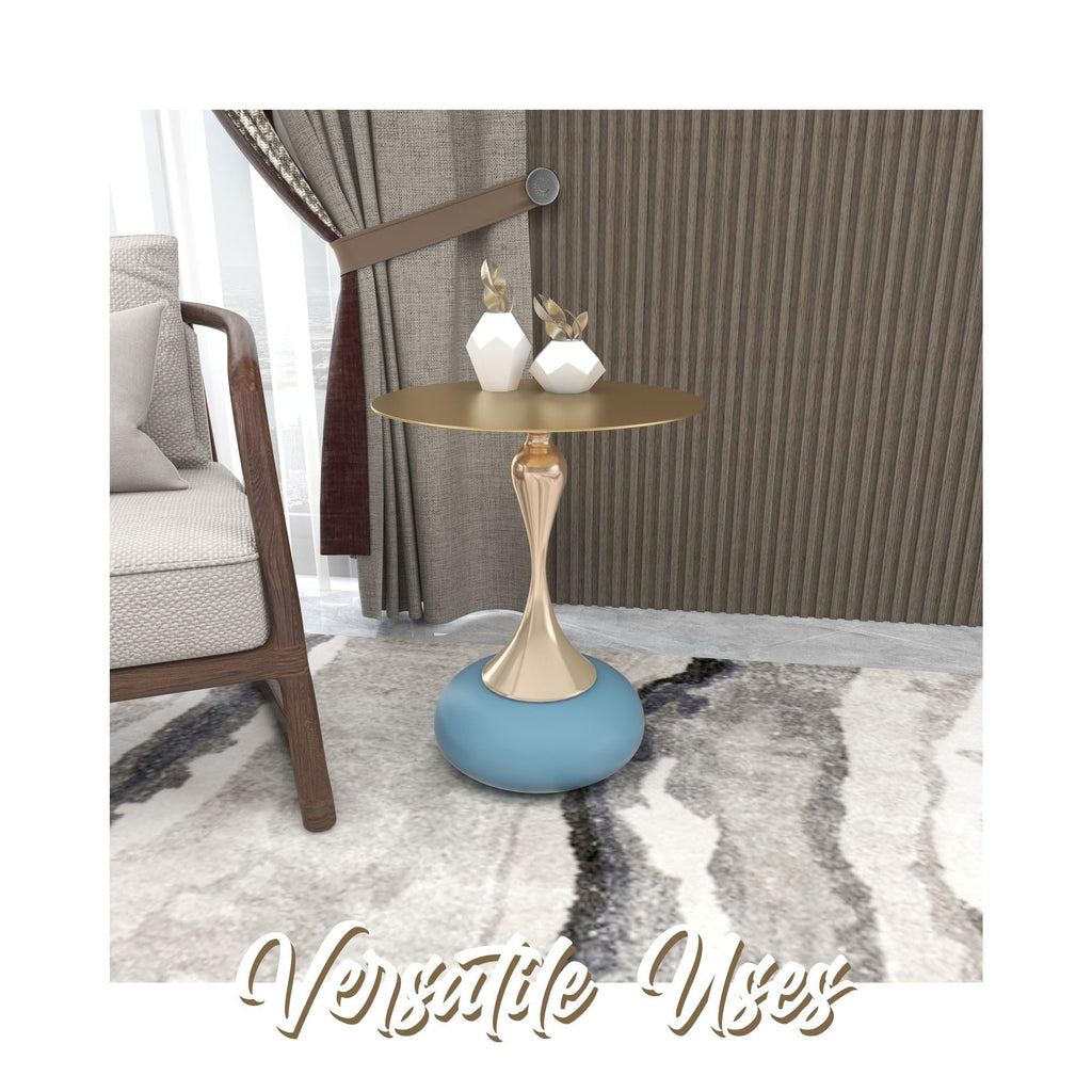 Modern Round Side Table with Gold Stainless Steel Top, Gold Pedestal Stem & Glossy Base, Accent End Table for Living Room, Bedroom, or Small Spaces, 17.7" × 21.6", Blue