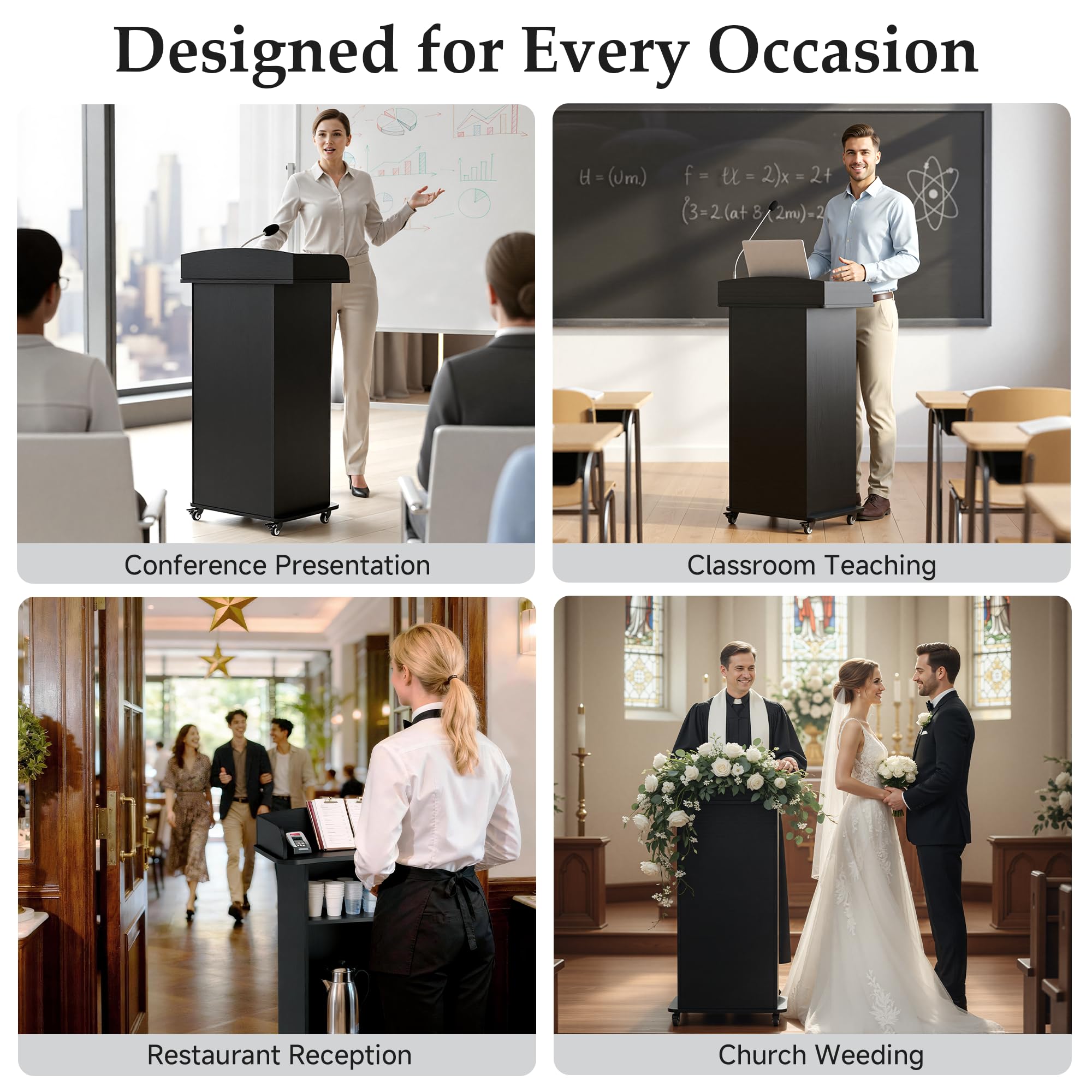 Portable Podium Stand with 4 Metal Wheels, Mobile Lectern Stand with Storage for Church Classroom Restaurant Reception Office Presentation, Wooden Pulpit Desk for Hostess Teacher (Black)