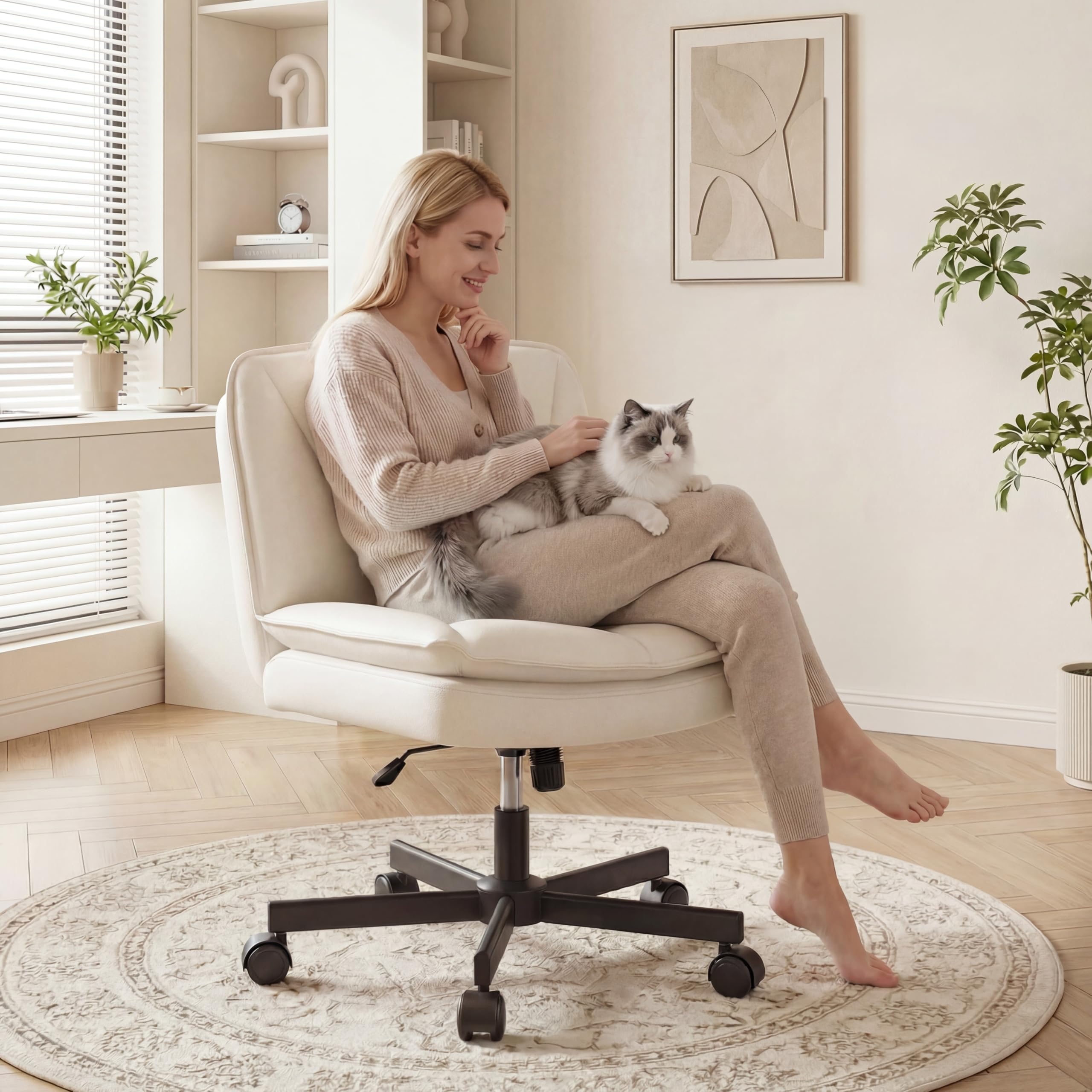 Criss Cross Chair with Wheels, Cross Legged Office Chair, Armless, 2 Layer Scratch-Resistant Pu Leather Swivel for Home Office,Makeup Vanities & Dressing Tables,Beige