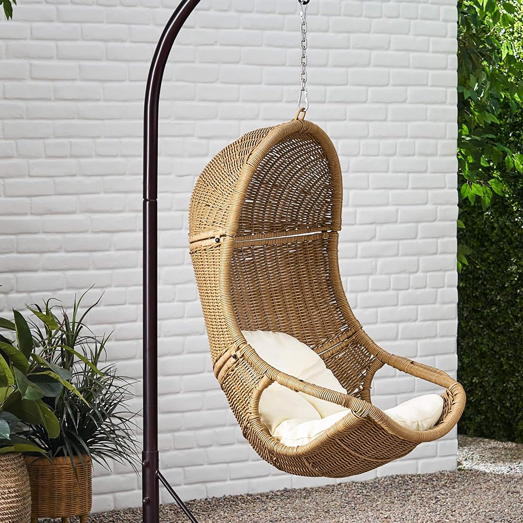 Hanging Basket Chair with Cushion, Outdoor Indoor Basket Chair, Boho Garden Rattan Lounger Porch Swing Furniture, Modern Patio Decor, Brown+Beige