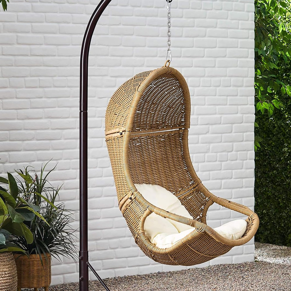 Hanging Basket Chair with Cushion, Outdoor Indoor Basket Chair, Boho Garden Rattan Lounger Porch Swing Furniture, Modern Patio Decor, Brown+Beige