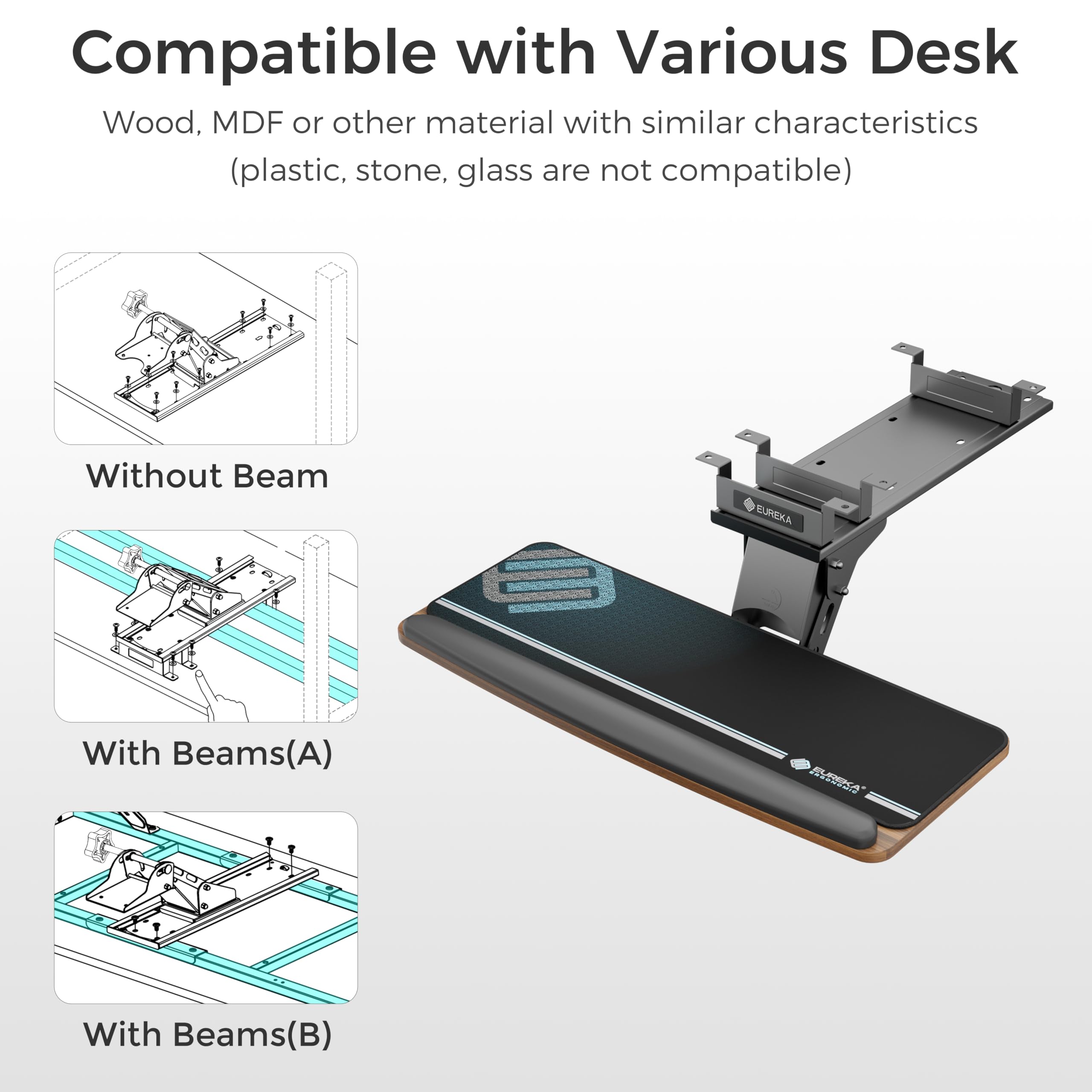 Keyboard Tray Height Adjustable, Swivel Tilt Computer Keyboard Drawer Under Desk, 25x9.13'' Sliding Keyboard & Mouse Platform with Mouse Pad for Typing, Walnut