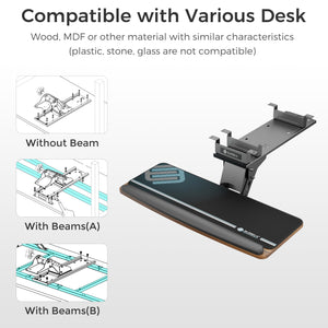 Keyboard Tray Height Adjustable, Swivel Tilt Computer Keyboard Drawer Under Desk, 25x9.13'' Sliding Keyboard & Mouse Platform with Mouse Pad for Typing, Walnut