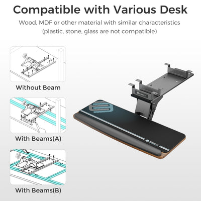 Keyboard Tray Height Adjustable, Swivel Tilt Computer Keyboard Drawer Under Desk, 25x9.13'' Sliding Keyboard & Mouse Platform with Mouse Pad for Typing, Walnut