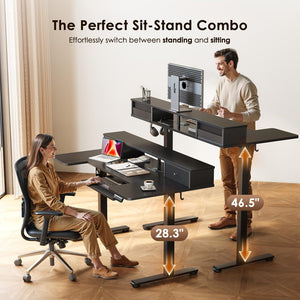 U Shaped Electric Standing Desk with Drawers, 55 Inch Height Adjustable Desk with Keyboard Tray ＆ Ergonomic Monitor Stand, Sit Stand Table with Power Outlets for Home, Office, Black