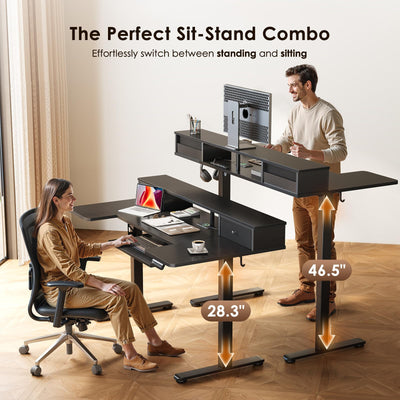 U Shaped Electric Standing Desk with Drawers, 55 Inch Height Adjustable Desk with Keyboard Tray ＆ Ergonomic Monitor Stand, Sit Stand Table with Power Outlets for Home, Office, Black