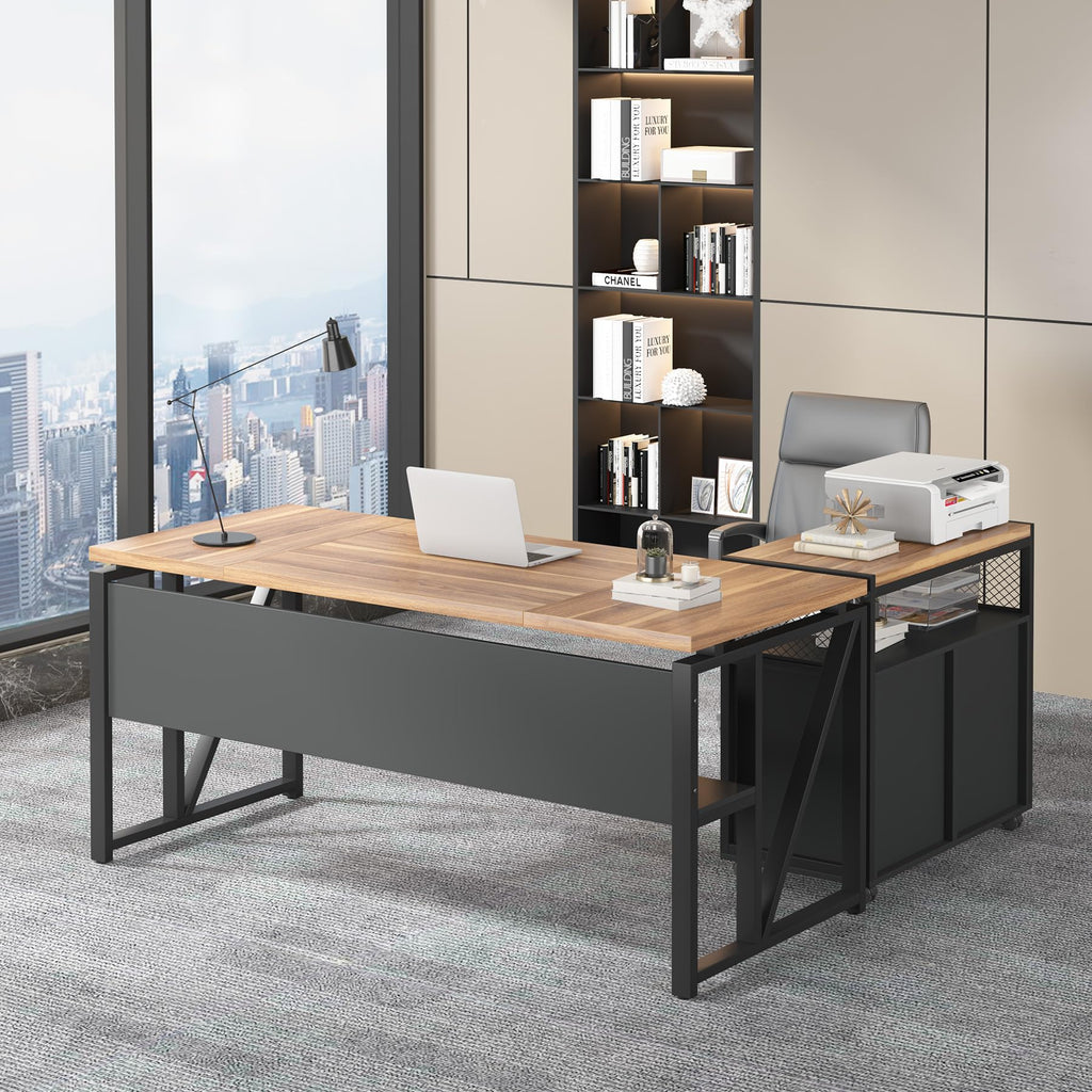 63" Executive Desk with Reversible File Cabinet, Large L-Shaped Office Desk with Drawers, Business Furniture Workstation for Home Office