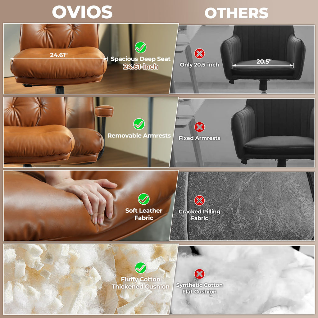 Ergonomic Office Chair, High Back Faux Leather Executive Chairs with Thick Cushion, Comfy Mid-Century Modern Swivel Rolling Computer Armchair (Brown, PU Leather)