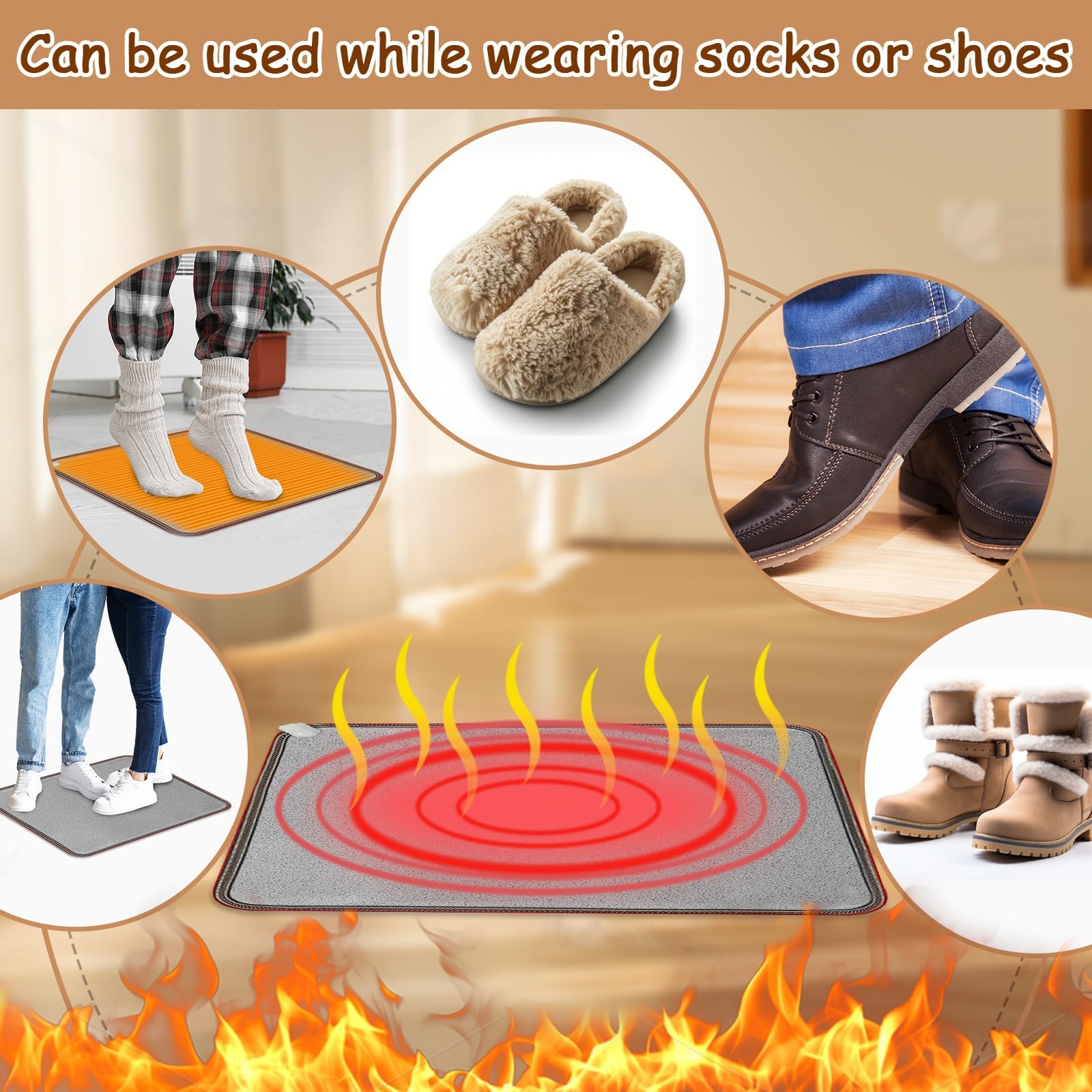 PVC 110V Heated Floor Mat Heater for Foot Warmer Under Desk 22 x 20 Inch Electric Heating Pad Energy Saving Carpet Pad Indoor Floor Heated Rug for Home Office Bathroom House Gray