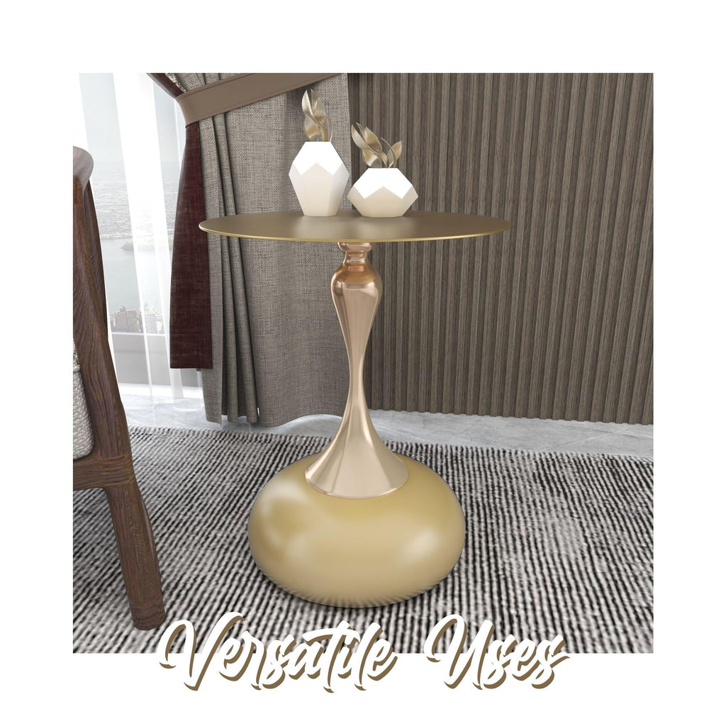 Modern Round Side Table with Gold Stainless Steel Top, Gold Pedestal Stem & Glossy Base, Accent End Table for Living Room, Bedroom, or Small Spaces, 17.7" × 21.6", Matte Gold