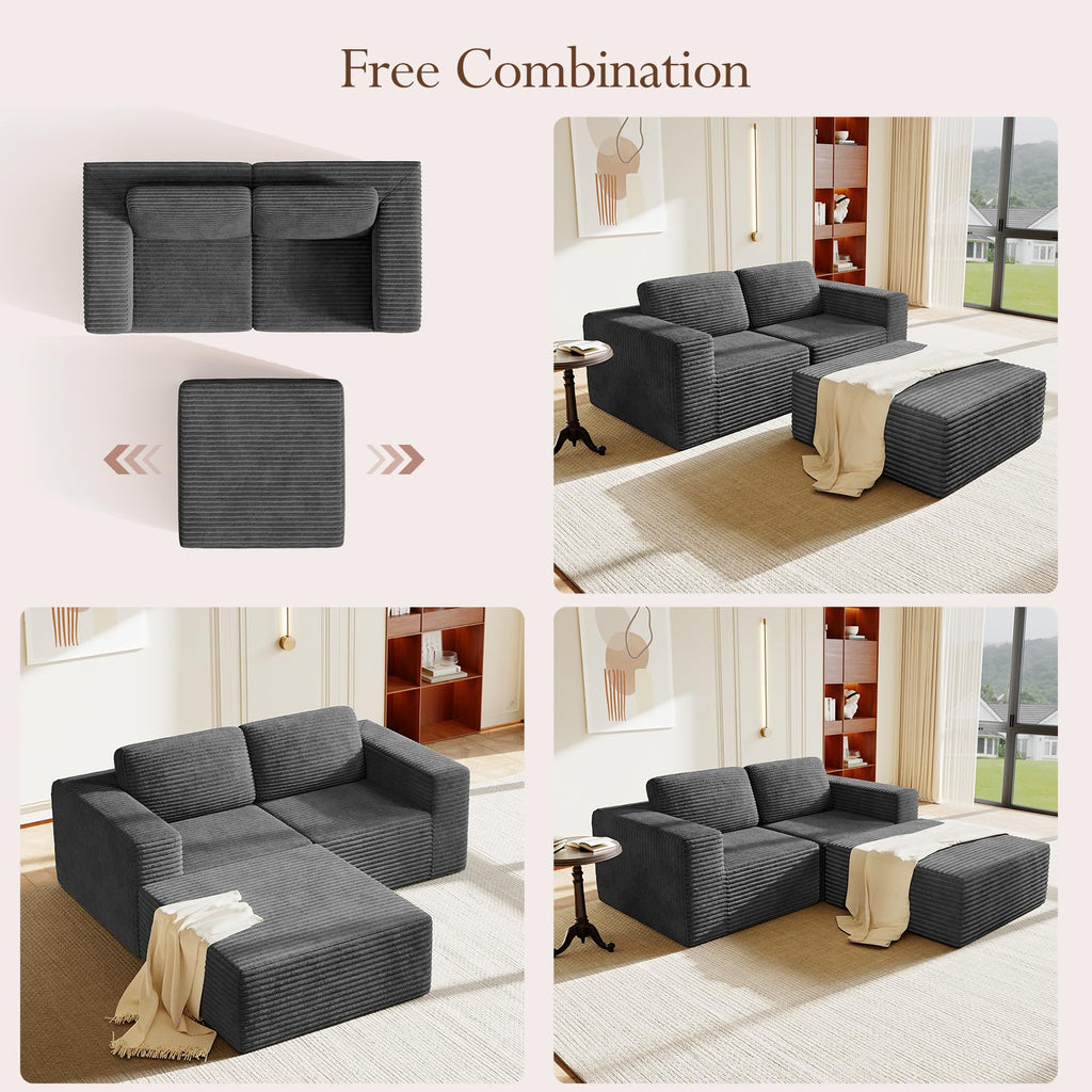 80" Modular Sectional Sofa, Corduroy Cloud Couch with Deep Seats & Spring Support, Compact 2 Seater Boneless Couch, L-Shaped Modular Sofa for Small Spaces, Apartments, No Assembly, Grey