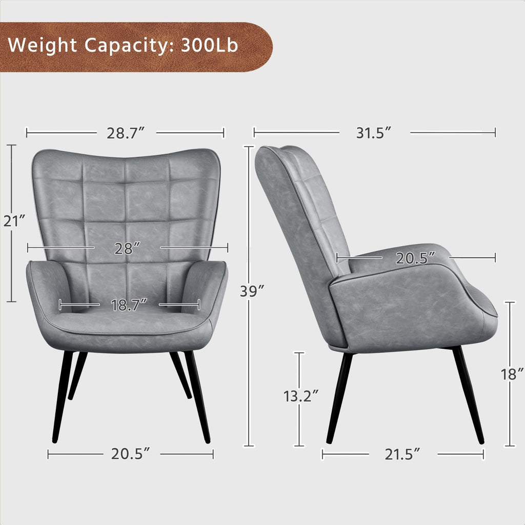 Accent Chairs, Large PU Leather High-Back Chair w/Metal Legs, Pottery Barn Style Living Room Chairs for Bedroom/Home Office, Gray