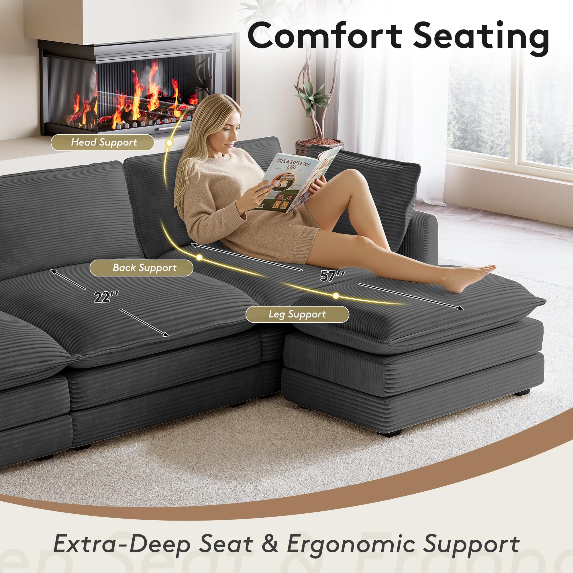 104'' Modular Sectional Cloud Couch with Movable Ottoman, 4 Seat Modern Corduroy Sofa, Deep Seat L Shaped Couch for Living Room Bedroom Apartment, Dark Grey