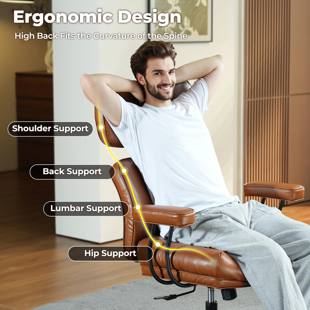 Ergonomic Office Chair, High Back Faux Leather Executive Chairs with Thick Cushion, Comfy Mid-Century Modern Swivel Rolling Computer Armchair (Brown, PU Leather)