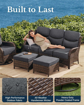 Luxury Patio Furniture Set with 6-inch Thick Cushion, Outdoor Couch and High Back Swivel Rocker Patio Chairs, 7PCS Wicker Conversation Set for Deck Yard and Poolside, Dark Grey (V2)