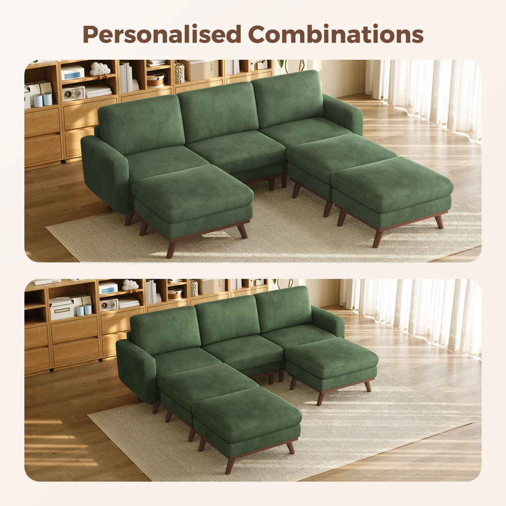 97" Modular Sectional Sofa Green, Sectional Couch with Movable Ottoman, Comfy Corduroy Couch with Spring Cushion, Modular Sofa with Deep Seat for Living Room, Bedroom and Apartment