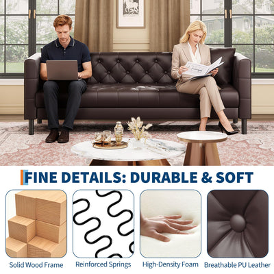 81 in Leather Couch for Living Room, Modern Sofa Couch with Deep Seat and 2 Pillows, Handmade Button Tufted 3 Seater Sofa, Leather Sofa for Apartment, Office, Dark Brown