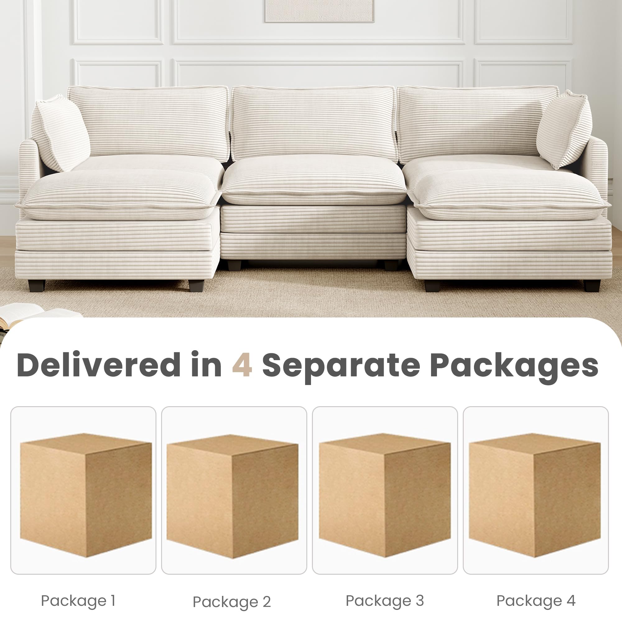 112'' Sectional Modular Cloud Couch, Oversized 5 Seat Couches U Shaped Sofa with 2 Movable Ottomans, 2 Throw Pillows, Upholstered Corduroy U Shape Comfy Deep Couches for Living Room and Office, Beige