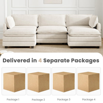 112'' Sectional Modular Cloud Couch, Oversized 5 Seat Couches U Shaped Sofa with 2 Movable Ottomans, 2 Throw Pillows, Upholstered Corduroy U Shape Comfy Deep Couches for Living Room and Office, Beige