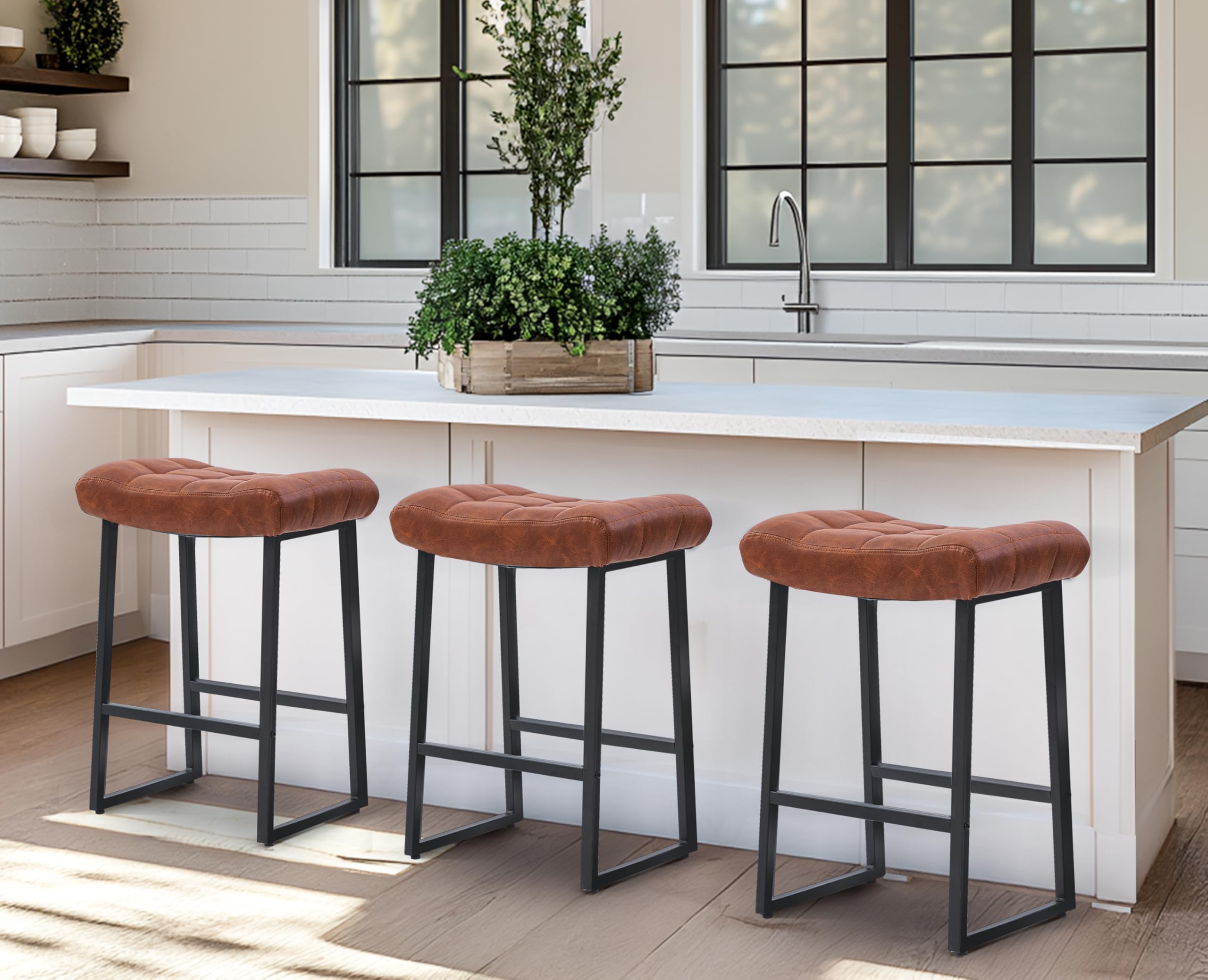 Modern Bar Stools Set of 3 for Kitchen Counter 24 inch Counter Height Backless Barstools with Upholstered Faux Leather Saddle Seat and Metal Frame Industrial Bar Chairs, Brown