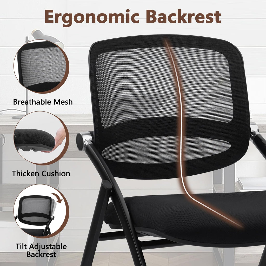 Stackable & Foldable Chairs with Wheels, Reception Guest Chairs with Lumbar Support, Ergonomic Curved Mesh Back Folding Chair for Office Meeting Schools Training Conference Waiting Room, Black
