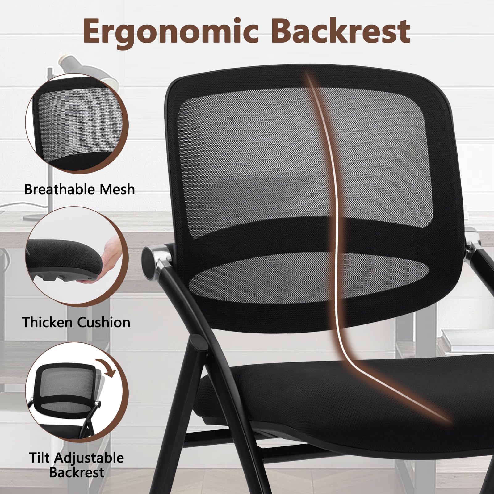 8PACK, Stackable & Foldable Chairs with Wheels, Reception Guest Chairs with Lumbar Support, Ergonomic Curved Mesh Back Folding Chair for Office Schools Conference Waiting Room, Black