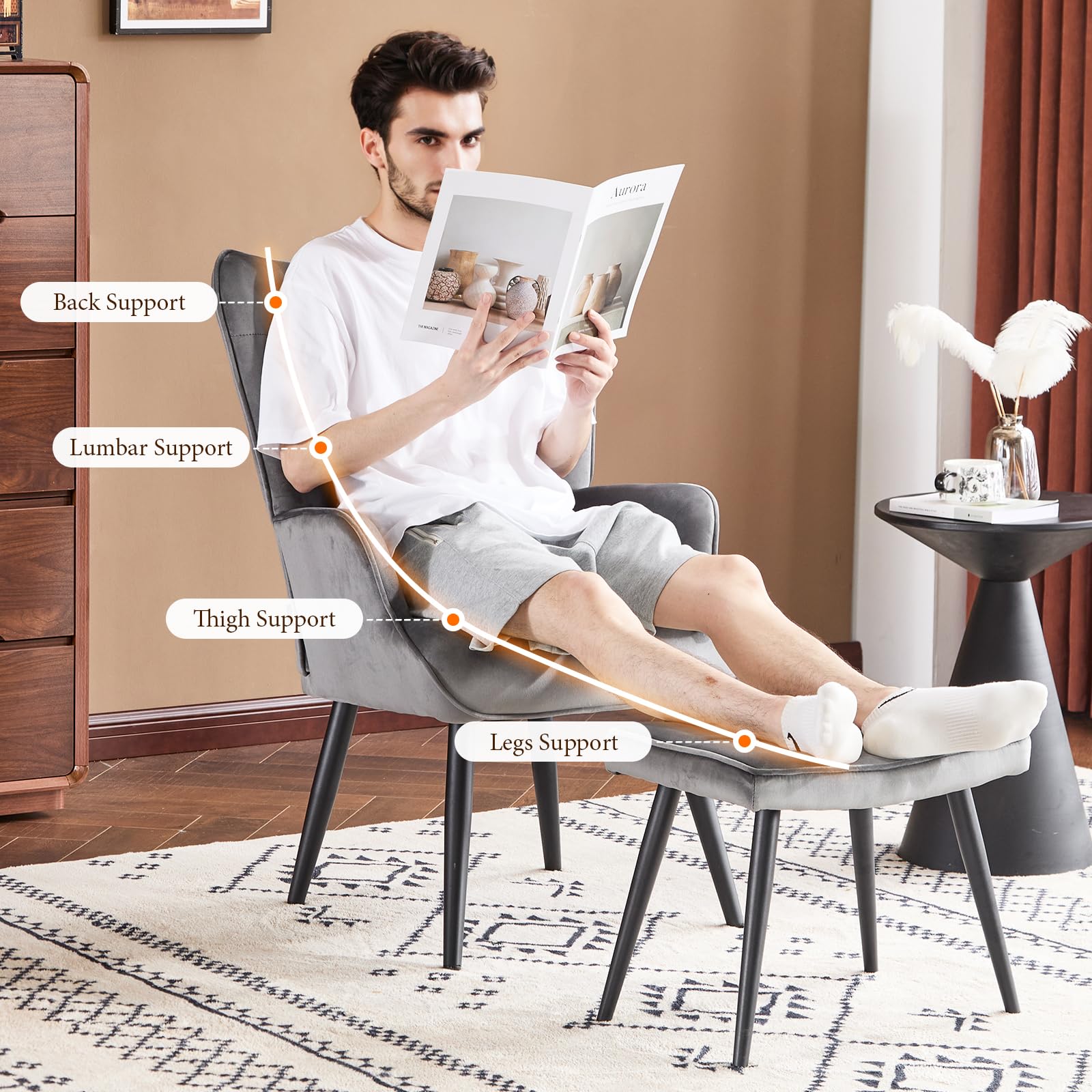 Velvet Accent Chair with Ottoman, Upholstered Reading Chair with High Backrest, Tufted-Button Wingback Armchair for Bedroom, Dressing Room, Home Office, Grey