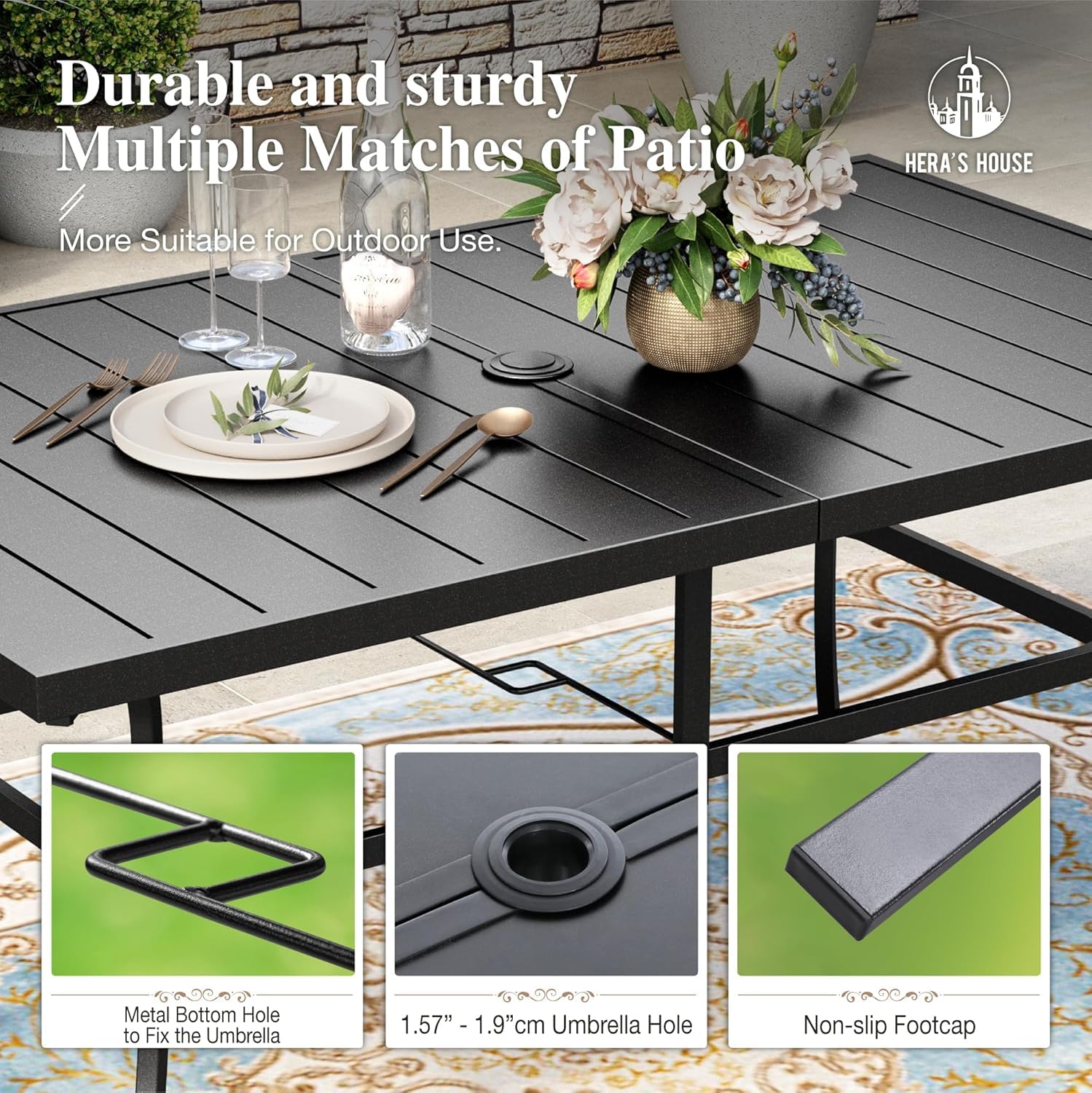 7 Pieces Patio Table and Chairs Set, Outdoor Dining Set for 7, 6 x Cushioned Woven Rattan Patio Chairs and 1 x Black Metal Table with Umbrella Hole, Outdoor Rattan Dining Set for Lawn