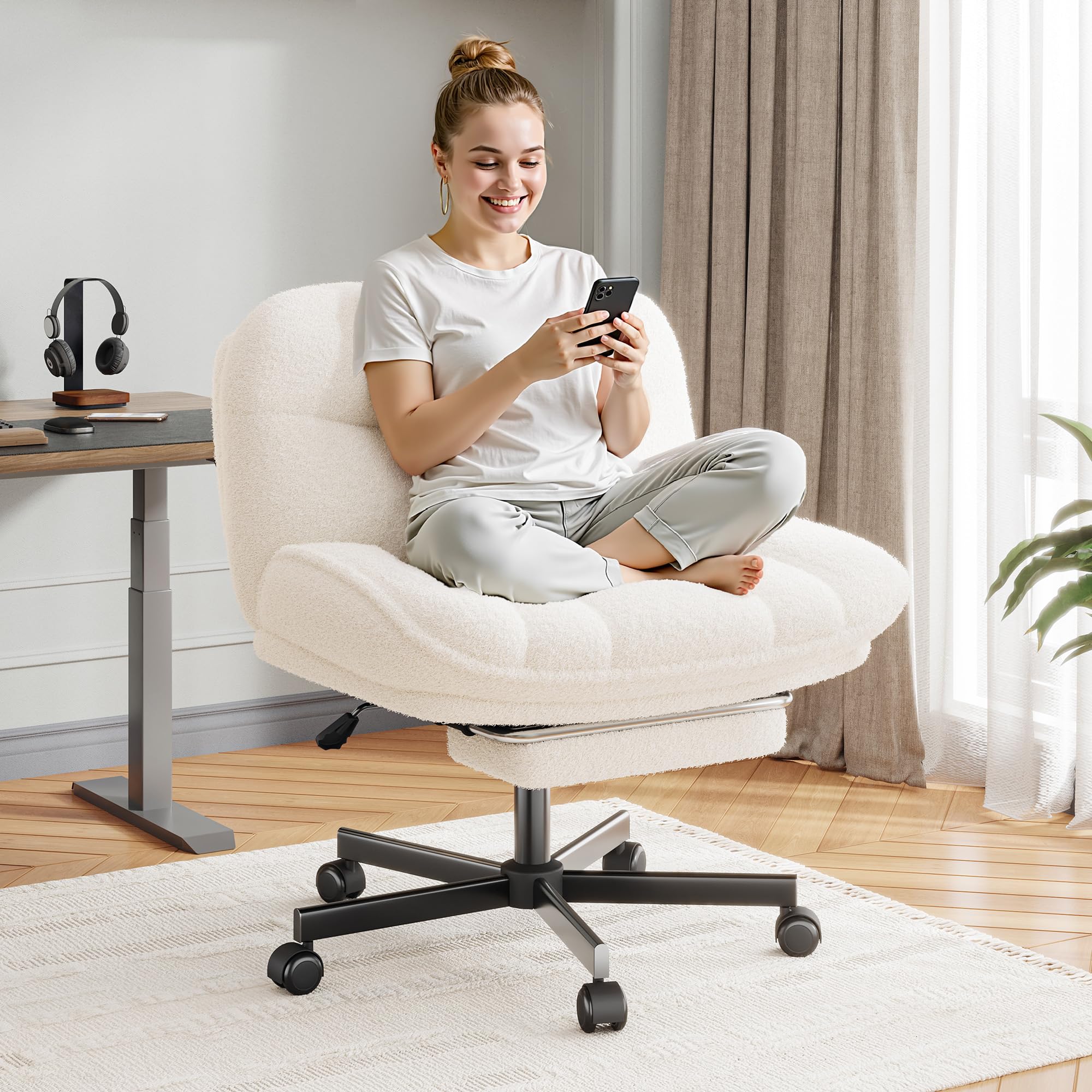 Cross Legged Office Chair with Foot Rest, 6.3" Thick Cushioned Criss Cross Chair with Wheels, Height Adjustable Swivel Vanity Chair for All-Day Comfort (White)