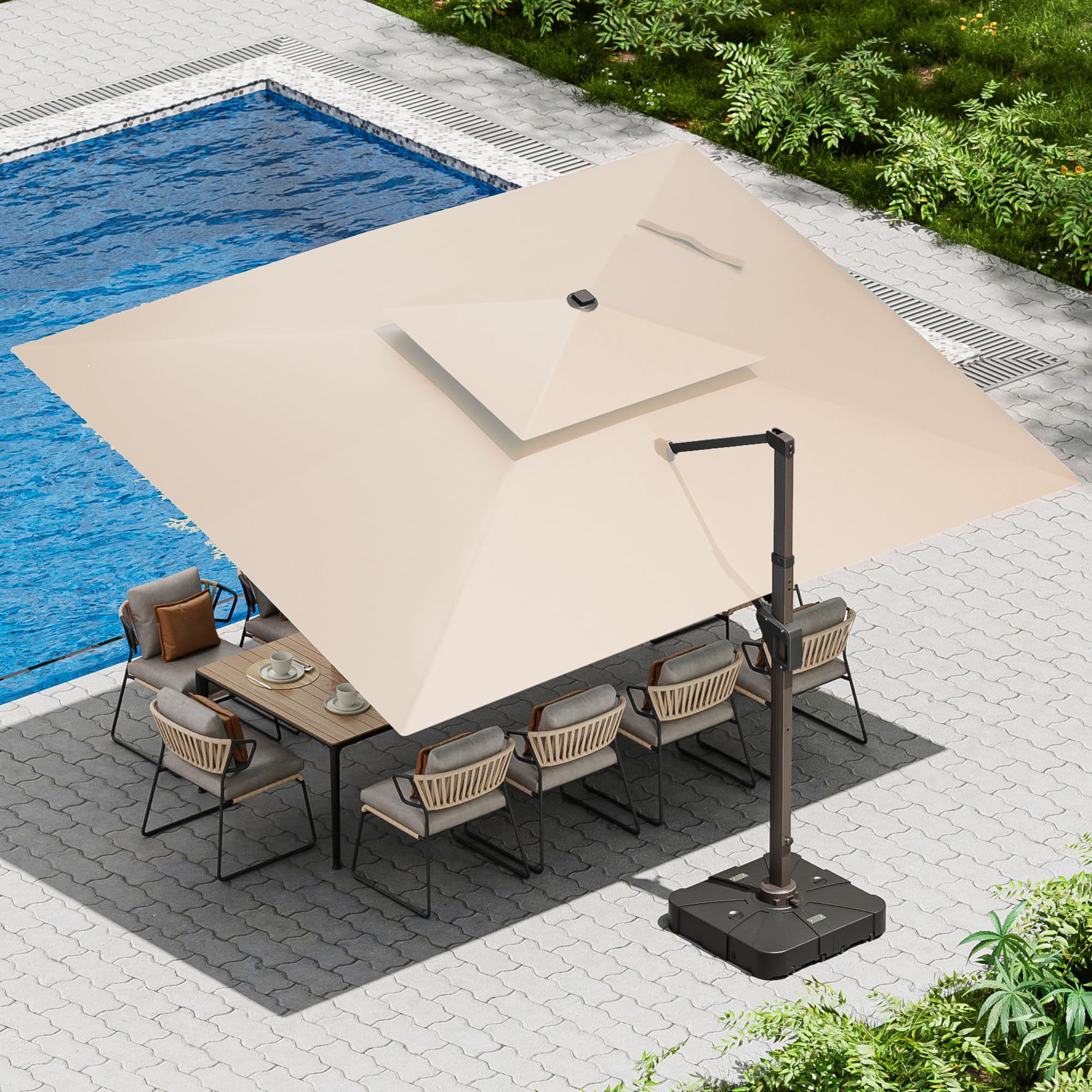 10 X 13 FT Cantilever Patio Umbrella with Base Included Outdoor Heavy Duty Double Top Windproof Rectangle Offset Umbrellas with 360-degree Rotation for Pool Deck Backyard, Beige