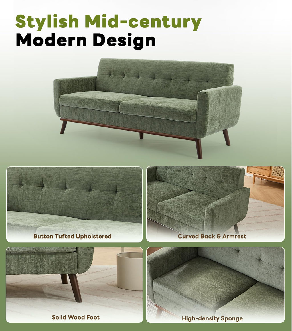 Living Room Furniture Sets, Loveseat & Standard, Mid Century Modern Decor Sofa Couches, Button Tufted Upholstered Furniture, Green