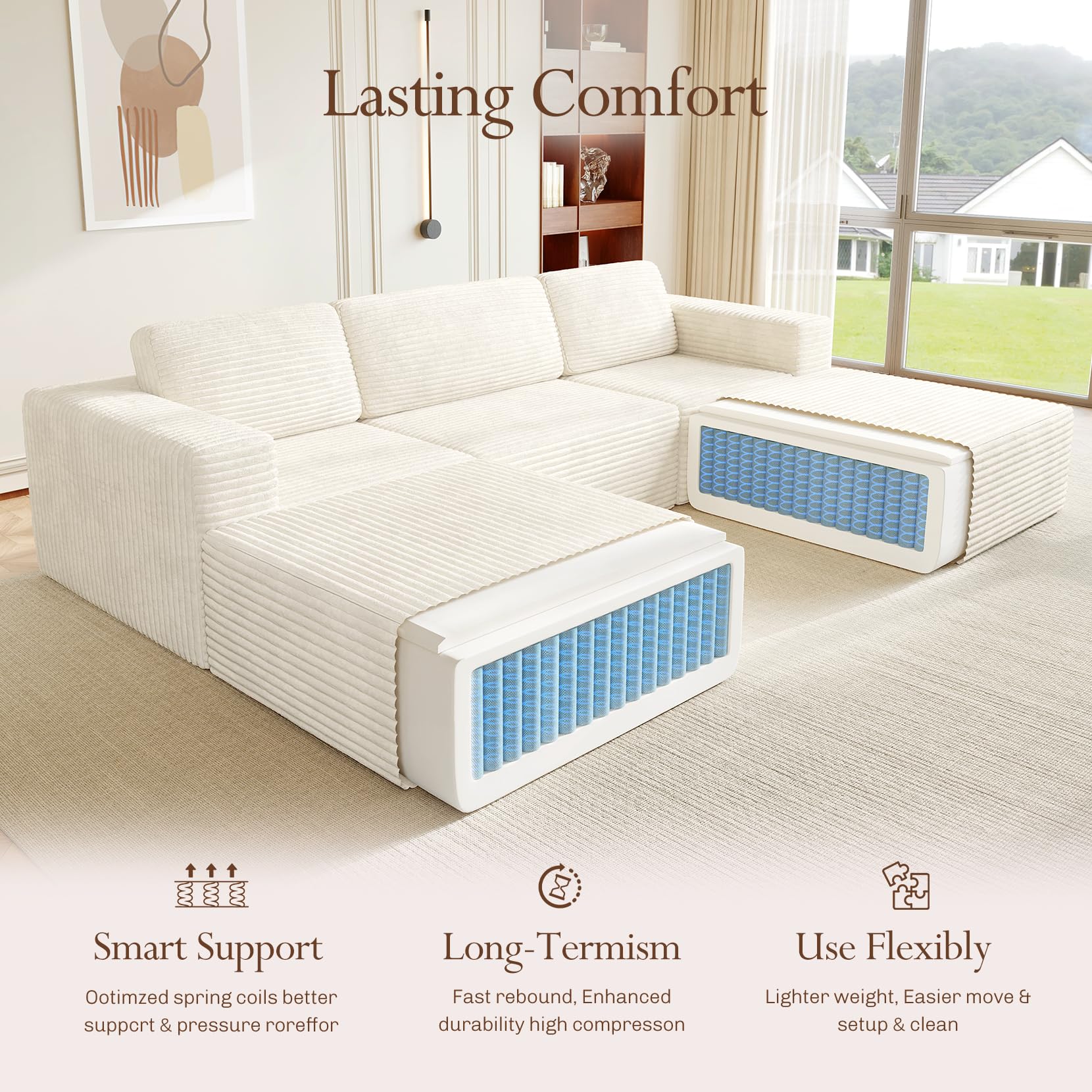 119" Oversized U-Shaped Modular Sectional Sofa, Corduroy Cloud Couch with Deep Seating & Spring Support, Convertible Sofa with 2 Ottomans, Boneless Couch, No Assembly Required, Beige
