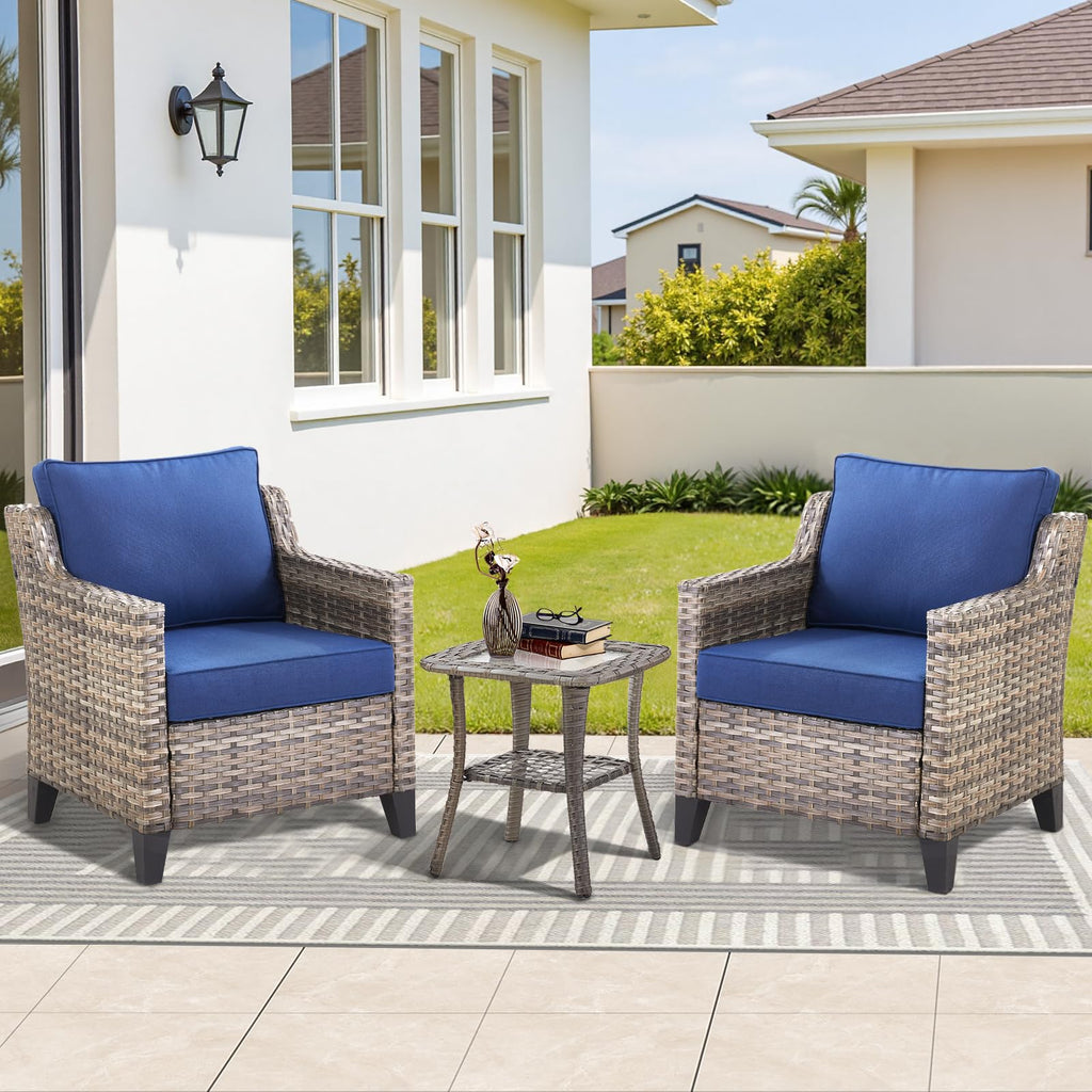 3 Pieces Patio Furniture Sets-Outdoor PE Rattan Wicker Chairs with Thickened Cushion and Glass Coffee Table,All Weather Patio Conversation Set for Garden Backyard Porch Deck Grey/Blue
