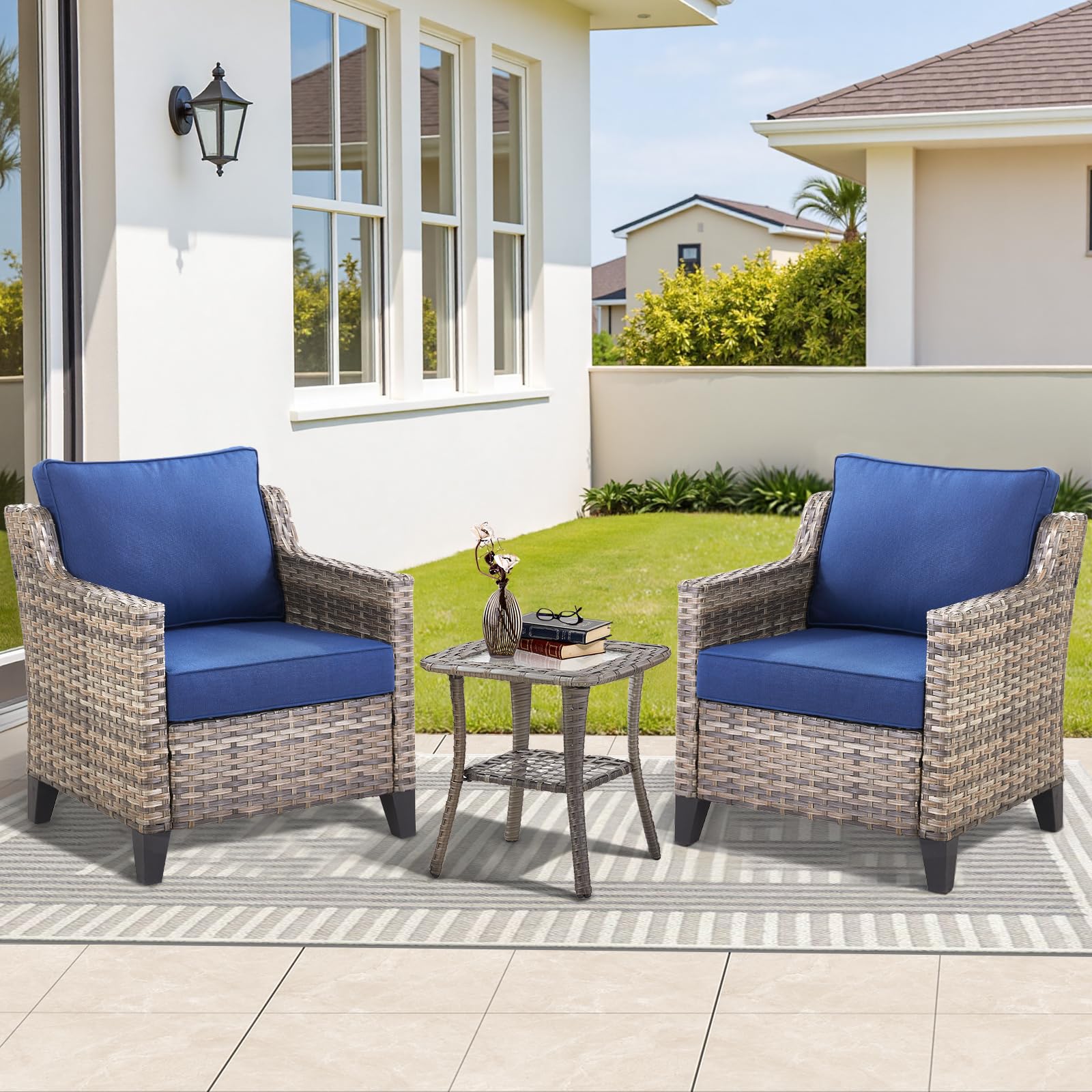 3 Pieces Patio Furniture Sets-Outdoor PE Rattan Wicker Chairs with Thickened Cushion and Glass Coffee Table,All Weather Patio Conversation Set for Garden Backyard Porch Deck Grey/Blue