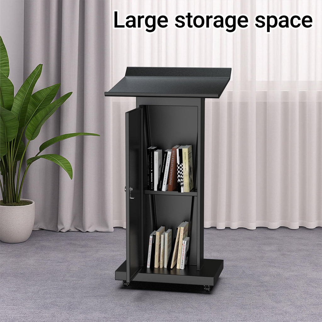 Metal Podium Stand with Wheels, Heavy-Duty Rolling Lectern for Classroom, Church & Office Presentations, Large Top, Locking Casters, Stable Base